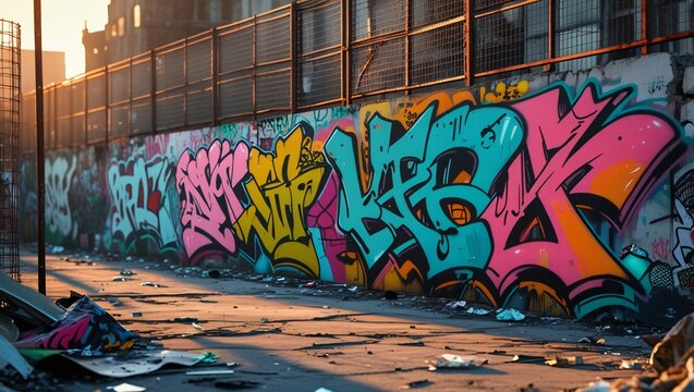 Vibrant graffiti art on urban wall at sunset