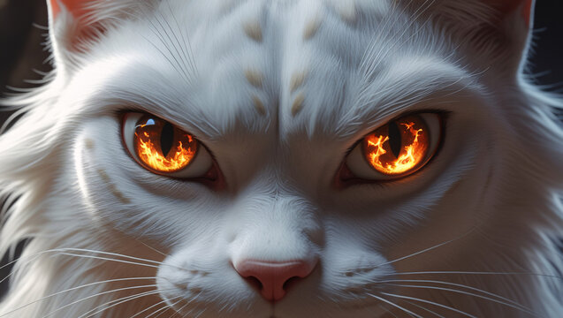 Extreme close-up shot of a white cat's face with intense, determined eyes. Reflections of fire and destruction in her eyes.