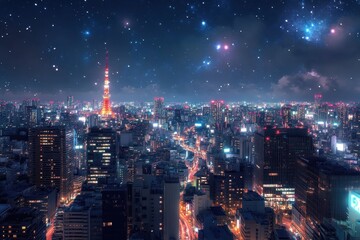 Fototapeta premium Stunning Tokyo cityscape and celestial stars create a mesmerizing night view with vibrant lights, Cityscapes and Celestial Views in Japanese, seamless ing background