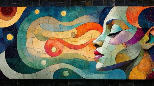 Vibrant mural depicting a colorful woman's profile surrounded by flowing abstract patterns