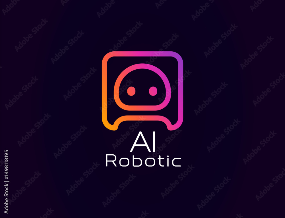 Poster ai robotic logo with cute robot face in square frame, glowing gradient style. ideal for tech apps, v