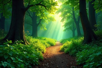 Obraz premium A winding path through a lush forest, sunlight dappling the leaves, leading towards a distant, unseen destination The journey suggests exploration, adventure, and the unknown , goal, discovery