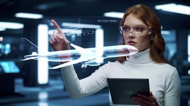 Female engineer with smart glasses interacts with airplane hologram projection while holding tablet. Professional in white sweater analyzes digital aircraft visualization in futuristic aerospace