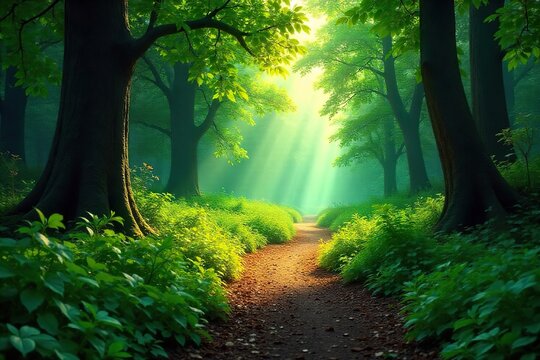 A winding path through a lush forest, sunlight dappling the leaves, leading towards a distant, unseen destination  The journey suggests exploration, adventure, and the unknown ,  goal,  discovery