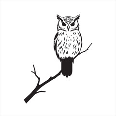 Silhoutee outline illustration of an owl sitting on a thin branch.