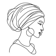 Minimalist line art of a woman's profile with head wrap and earrings  