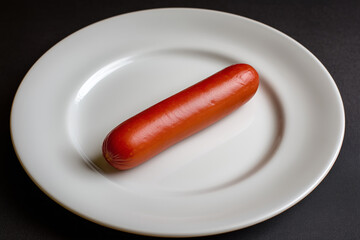 Simple Hot Dog Resting on a White Plate Against a Contrasting Dark Background for a Minimalist Culinary Presentation