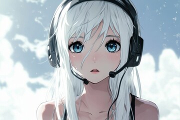 Anime girl with white hair wearing a headset enjoys a sunny day outdoors, anime girl with white hair wearing a headset