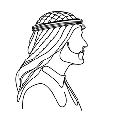 Continuous line drawing of a man wearing traditional headwear  