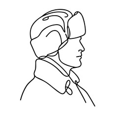Outline of man wearing winter helmet in profile view  