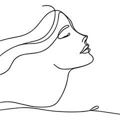 One-line drawing of a woman's profile with flowing hair  