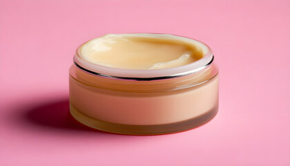 Cream on pink background, closed. Sample of cosmetic product