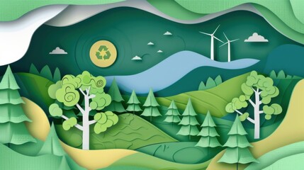 Obraz premium Paper Art Depicting Renewable Energy and Recycling in a Green Landscape