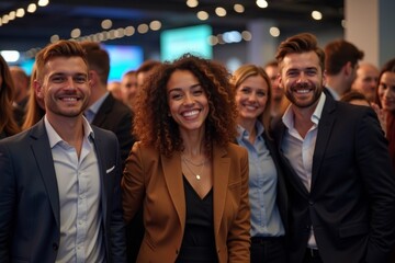 Fototapeta premium Successful business professionals from diverse backgrounds celebrating at a conference event.