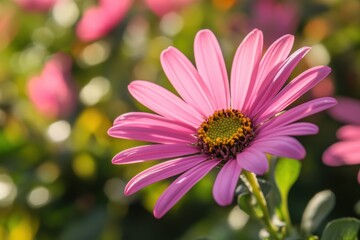 Obraz premium Vibrant pink daisy blooms under sunlight in a lush garden full of colorful flowers, Closeup of vibrant pink daisy in sunlight
