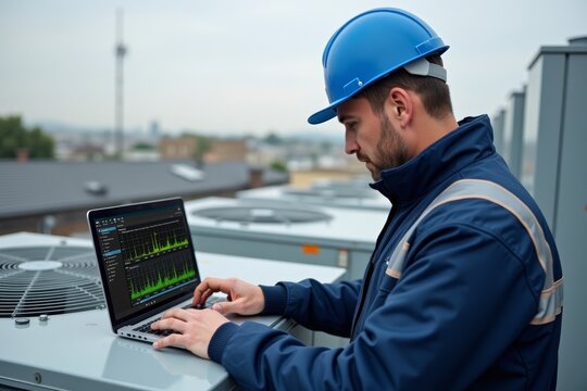 Industrial HVAC Technician Utilizing Advanced Technology for Maintenance and Diagnostics on Rooftop Unit