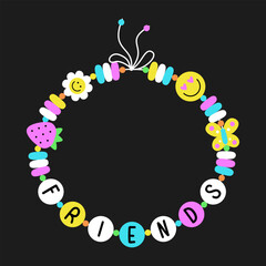 Beaded tie bracelet with Friends abbreviation. Y2K nostalgia 90s pop art style vintage BFF accessory design. EPS 10 vector retro  groovy illustration