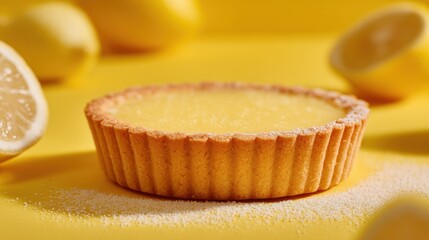 Elegant Lemon Tart on Yellow Backdrop with Soft Bokeh and Crispy Edges