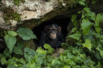 Obraz premium Chimpanzee cautiously exploring rocky cave surrounded by lush greenery in natural habitat, Chimpanzee cautiously emerges from rocky cave surrounded by greenery