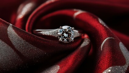 Fototapeta premium Diamond ring on luxurious red fabric