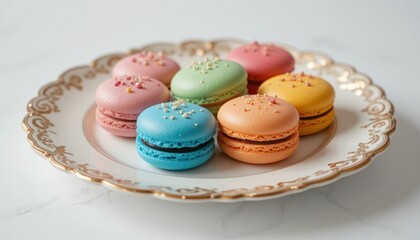 Fototapeta premium Colorful French macarons, a sweet and delicious assortment of pink, green, and yellow pastry cookies, sit on a plate and a wooden table