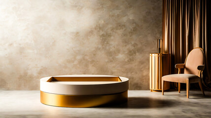 Elegant Gold and Beige Interior Scene with Product Display