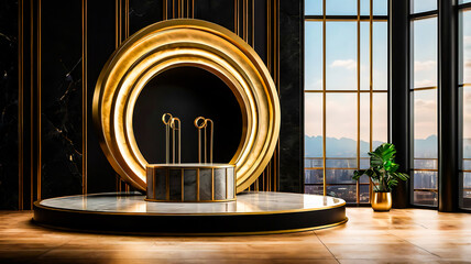 Elegant Gold and Marble Product Display Platform with City View