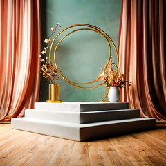 Elegant Three Tiered Display Platform with Gold Arch and Dried Flowers