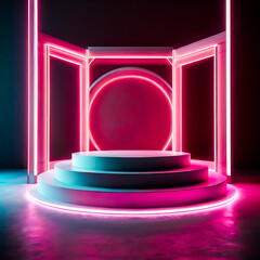 Neon Pink and Teal Lit Three Tiered Display Platform
