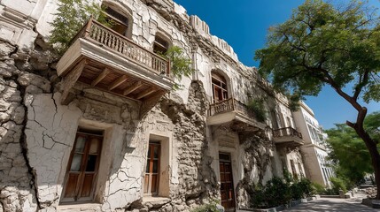Obraz premium Colonial architecture conservation plan showing stucco faade microcracking patterns limewash deterioration rates and climate adapted construction methods