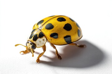 Fototapeta premium Macro Shot of Yellow Ladybug on White Surface with Isolated Shadow