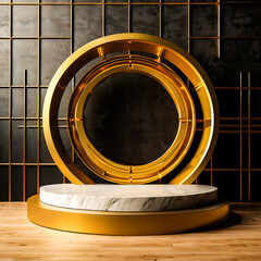 Elegant Gold and Marble Product Display Podium with Geometric Background