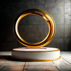 Elegant Gold Ring Sculpture on White Pedestal with Marble Floor