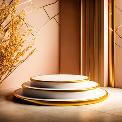 Elegant Three Tiered Round Podium with Gold Accents and Dried Flowers