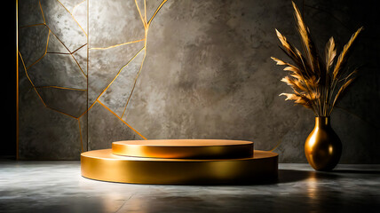 Elegant Gold Podium with Pampas Grass on Textured Background