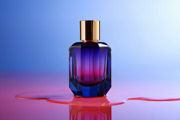 Pink and Blue Perfume Bottle with Gold Cap -  Glossy Surface