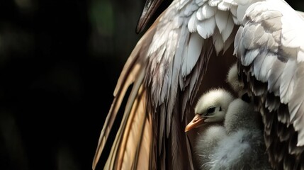 Mother crane shelters fluffy chick under her wing in a tender display of protection