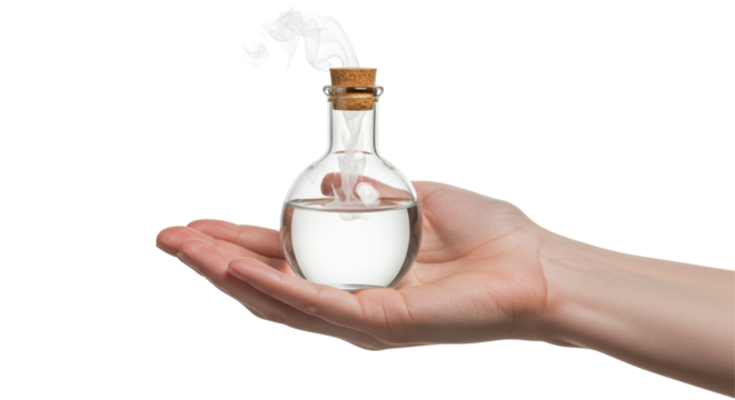 Isolated Hand Holding Erlenmeyer Flask with Liquid