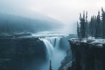 Fototapeta premium Foggy view of Athabasca Falls waterfall surrounded by trees and rocky cliffs in Jasper National Park, A very foggy view of the Athabasca Falls waterfall in Canada's Jasper National Park in the morning