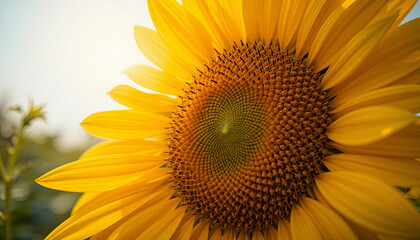 A stunning close-up captures the vibrant yellow petals and textured center of a sunflower bathed in warm golden hour light. The natural beauty of the flower is beautifully showcased