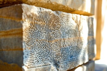Ancient stone carving featuring coral reef patterns with intricate details and deep shadows