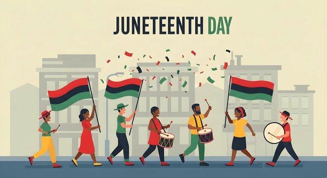 Juneteenth Day parade, people celebrating freedom, city background, for social media posts