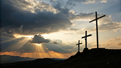 Obraz premium three Christian crosses on a hill, silhouetted against holy heaven
