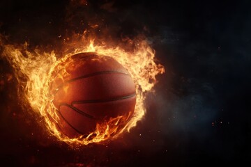 Basketball engulfed by flames on a dark background creating a powerful visual impact, basketball burn by fire on black background, spirit concept in sport Photo ing