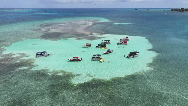 El Palito Island In San Andres Providencia Y Santa Catalina Colombia. Bird Eye View Of A Amazing Coastal Beach In The Summer Holiday. Shore Sky Clouds Beach Sea. Seaside Panorama.