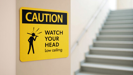 Low Ceiling Safety Sign On The Wall - Generative AI