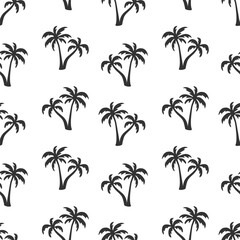 Black palm trees silhouette seamless pattern. Monochrome simple doodle drawn tropical palms background. Perfect for summer travel design, exotic beach themes, vacation prints, packaging, textile