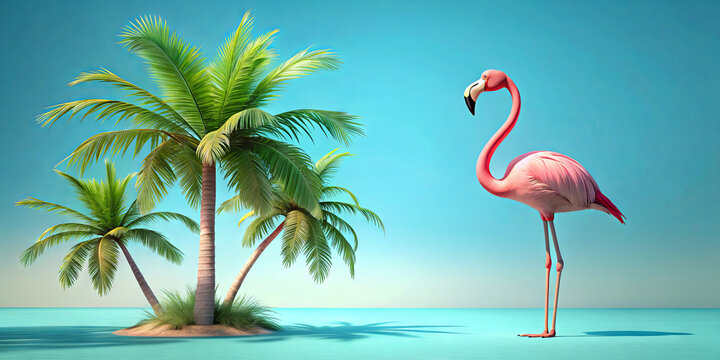 A pink flamingo stands gracefully near a lush palm tree on an idyllic beach. The vibrant blue sky and calm water create a tranquil tropical setting, perfect for relaxation and nature appreciation