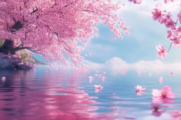 Cherry blossoms create a serene reflection on tranquil water in this seamless timelapse, cherry blossoms on the water  seamless ing timelapse virtual Photo Background