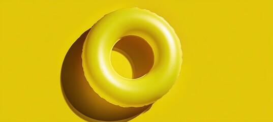 Yellow Inflatable Swim Ring on Bright Yellow Background with Soft Shadow